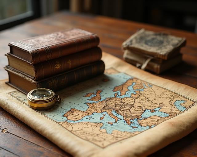 Composizione artistica di libri antichi, una mappa vintage dell'Europa e una bussola in ottone
